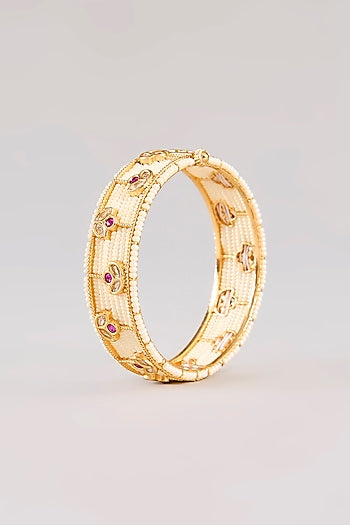 Gold Finish Kundan Polki & Red Stone Bangles (Set Of 2)