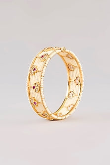 Gold Finish Kundan Polki & Red Stone Bangles (Set Of 2)