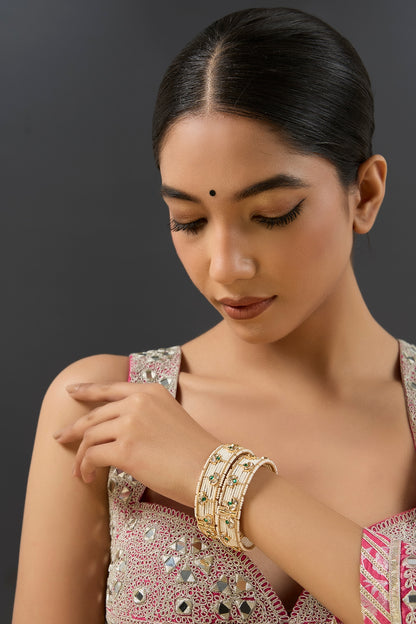 Gold Finish Kundan Polki & Pearl Kadas (Set Of 2)