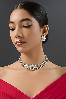 White Finish Diamond & Peach Stone Choker Necklace Set