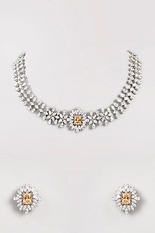 White Finish Diamond & Peach Stone Choker Necklace Set