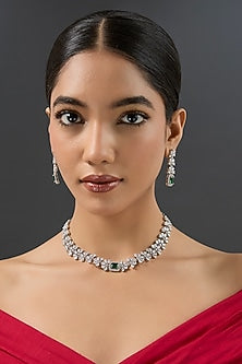 White Finish Diamond & Green Stone Choker Necklace Set