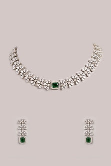 White Finish Diamond & Green Stone Choker Necklace Set