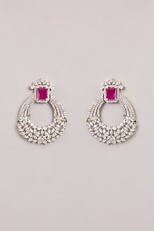 White Finish Diamond & Pink Stone Hoop Earrings
