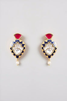 Gold Finish Black Kundan Polki & Ruby Enameled Necklace Set