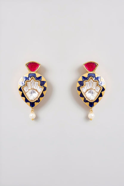 Gold Finish Black Kundan Polki & Ruby Enameled Necklace Set