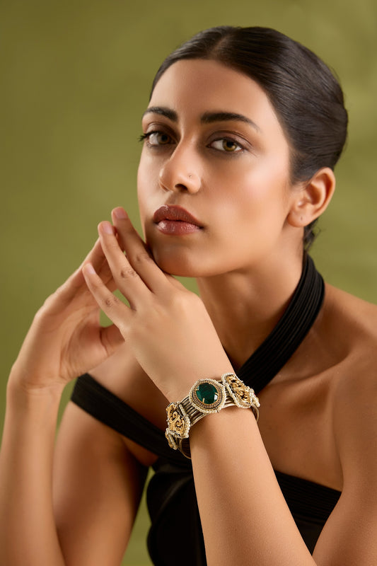 Gold Finish Green Kundan Polki Cuff