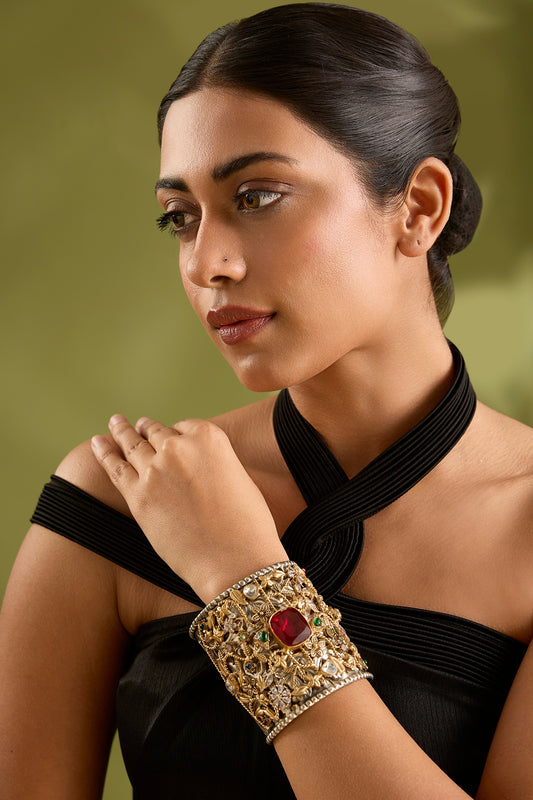 Gold Finish Kundan Polki & Red Stone Broad Cuff