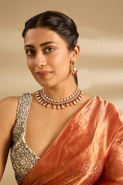 Gold Finish Moissanite Stone & Red Stone Necklace Set