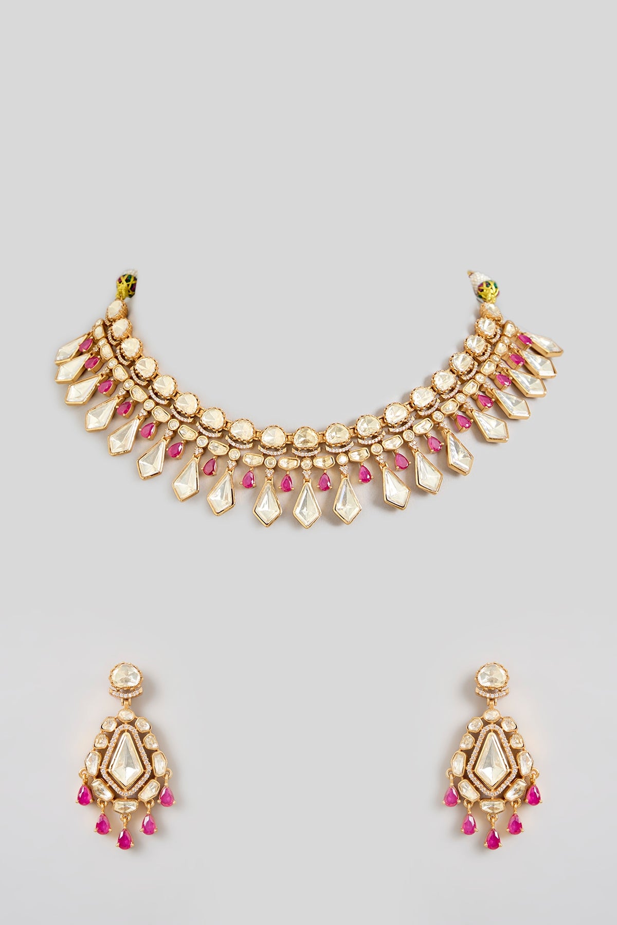 Gold Finish Moissanite Stone & Red Stone Necklace Set