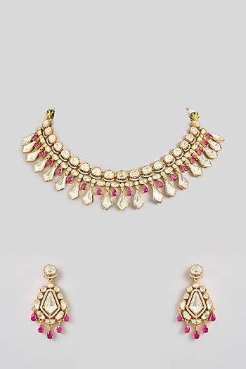 Gold Finish Moissanite Stone & Red Stone Necklace Set