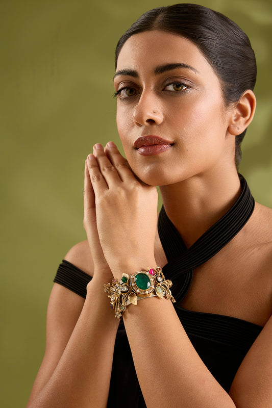 Gold Finish Kundan Polki & Multi-Colored Stone Broad Cuff