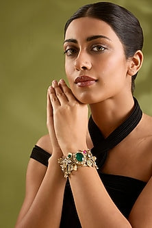 Gold Finish Kundan Polki & Multi-Colored Stone Broad Cuff