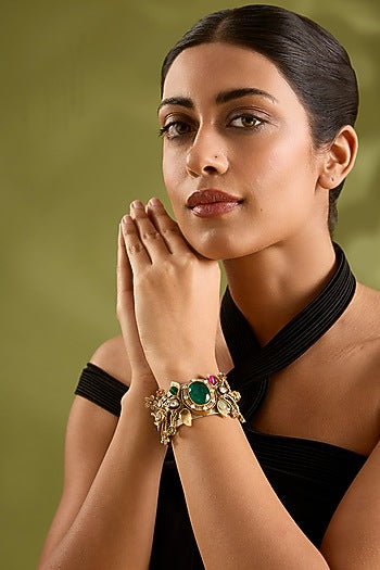 Gold Finish Kundan Polki & Multi-Colored Stone Broad Cuff