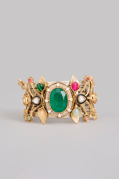 Gold Finish Kundan Polki & Multi-Colored Stone Broad Cuff