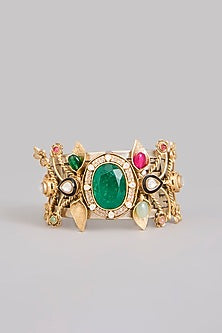 Gold Finish Kundan Polki & Multi-Colored Stone Broad Cuff