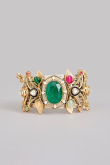 Gold Finish Kundan Polki & Multi-Colored Stone Broad Cuff