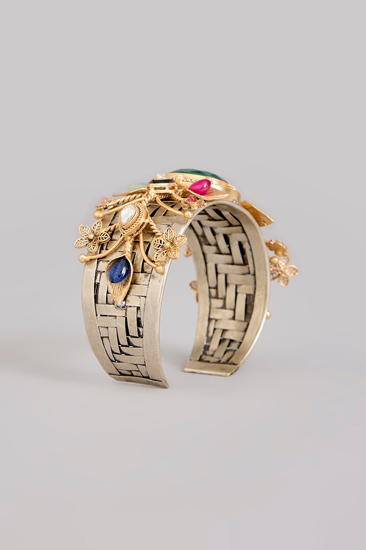 Gold Finish Kundan Polki & Multi-Colored Stone Broad Cuff