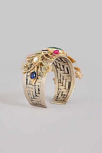 Gold Finish Kundan Polki & Multi-Colored Stone Broad Cuff