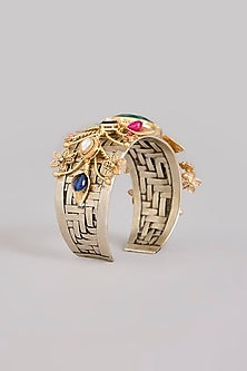 Gold Finish Kundan Polki & Multi-Colored Stone Broad Cuff