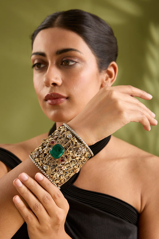 Gold Finish Green Kundan Polki Broad Cuff