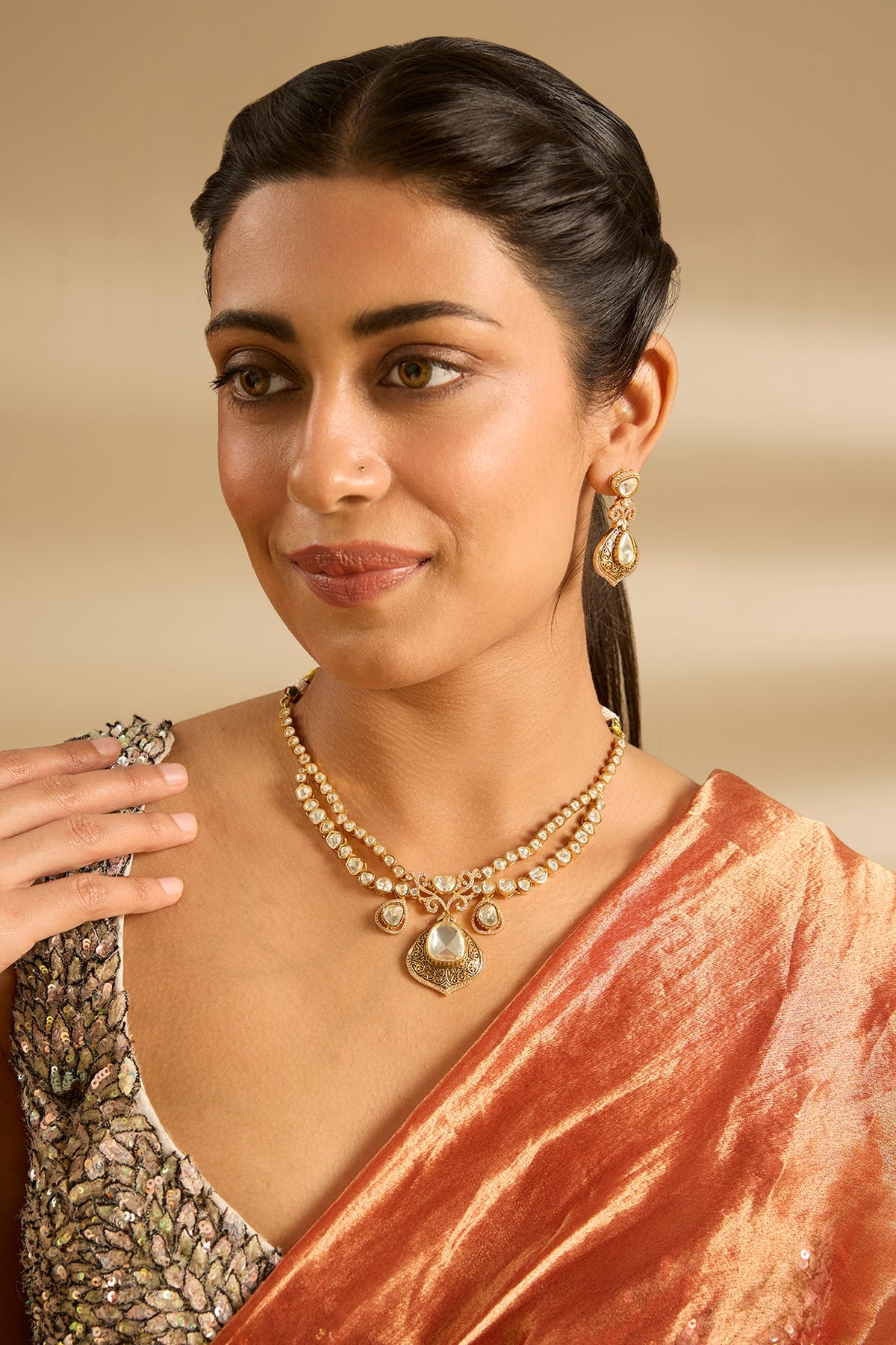 Gold Finish Moissanite Stone Necklace Set