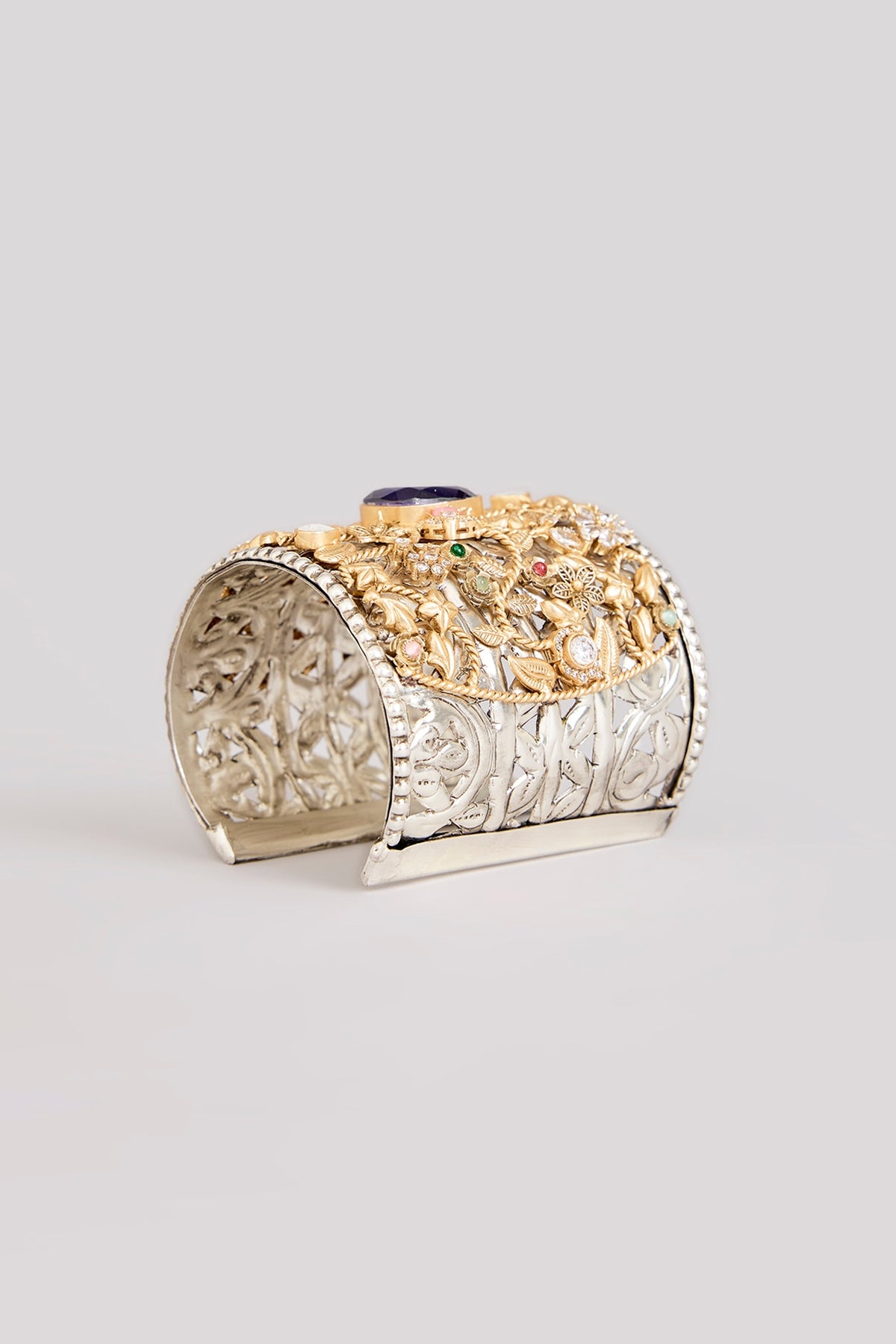 Gold Finish Kundan Polki & Purple Stone Broad Cuff