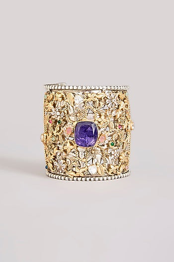 Gold Finish Kundan Polki & Purple Stone Broad Cuff