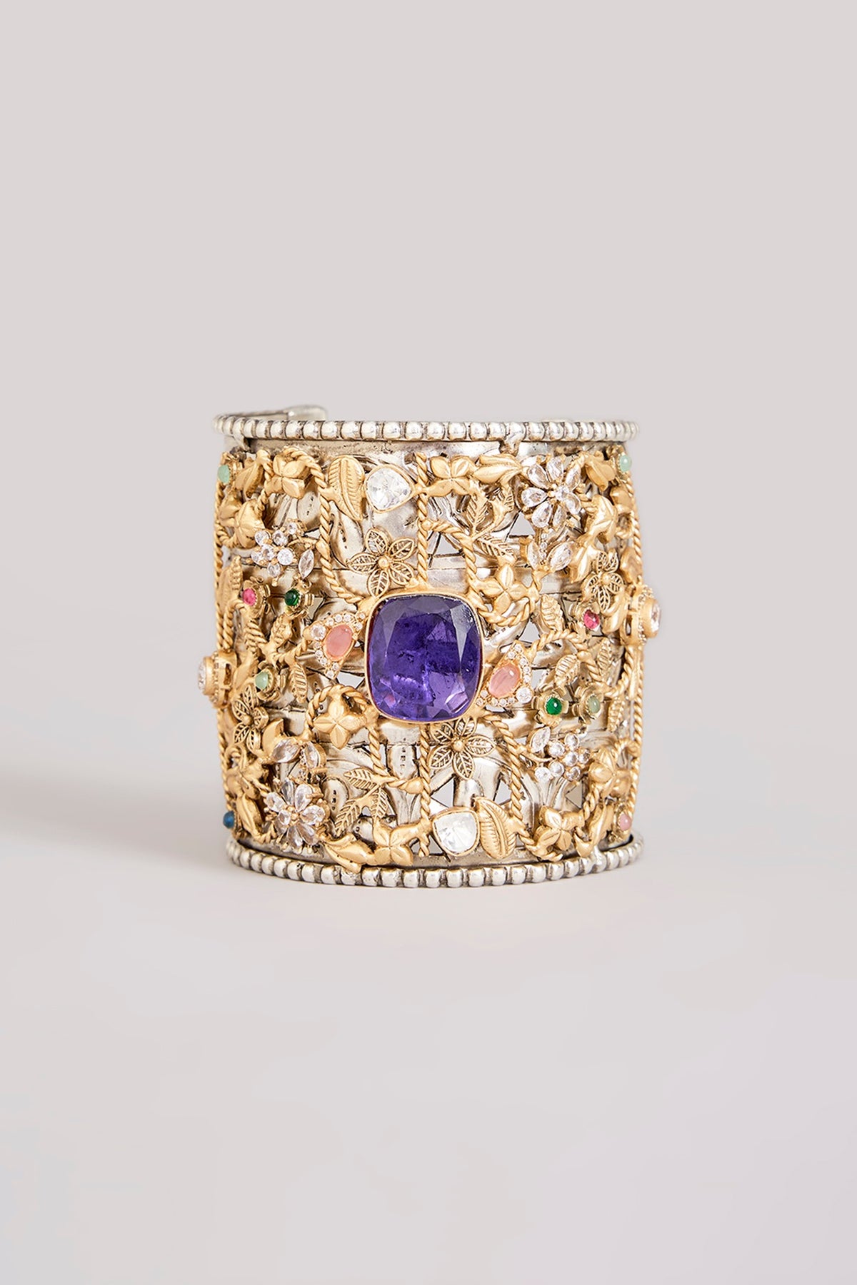 Gold Finish Kundan Polki & Purple Stone Broad Cuff