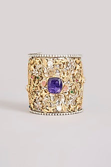 Gold Finish Kundan Polki & Purple Stone Broad Cuff
