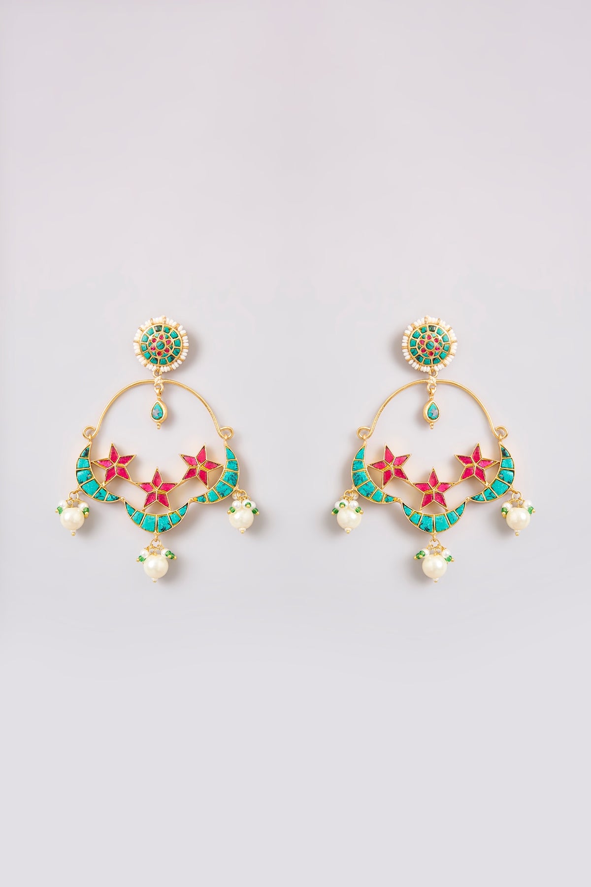 Gold Finish Kundan Polki & Pearl Chandbali Earrings