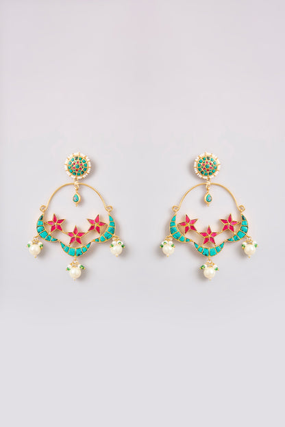 Gold Finish Kundan Polki & Pearl Chandbali Earrings