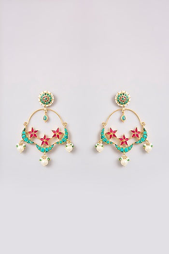 Gold Finish Kundan Polki & Pearl Chandbali Earrings