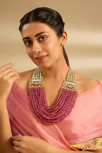 Gold Finish Ruby & Emerald Long Necklace