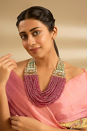 Gold Finish Ruby & Emerald Long Necklace