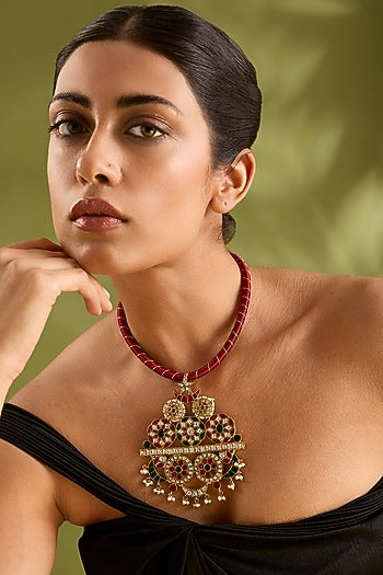Gold Finish Kundan Polki & Ruby Hasli Pendant Necklace