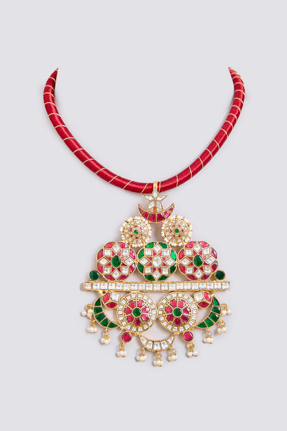 Gold Finish Kundan Polki & Ruby Hasli Pendant Necklace