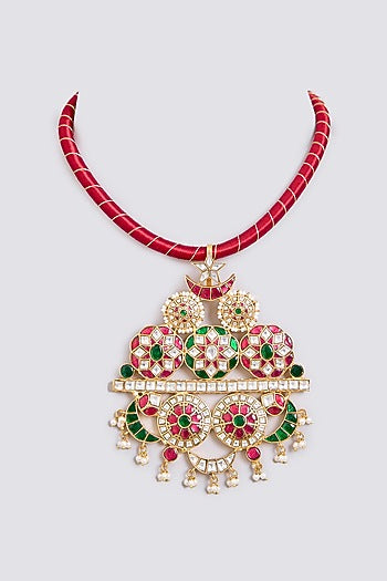 Gold Finish Kundan Polki & Ruby Hasli Pendant Necklace