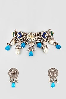Oxidised Finish Kundan Polki & Blue Stone Choker Necklace Set
