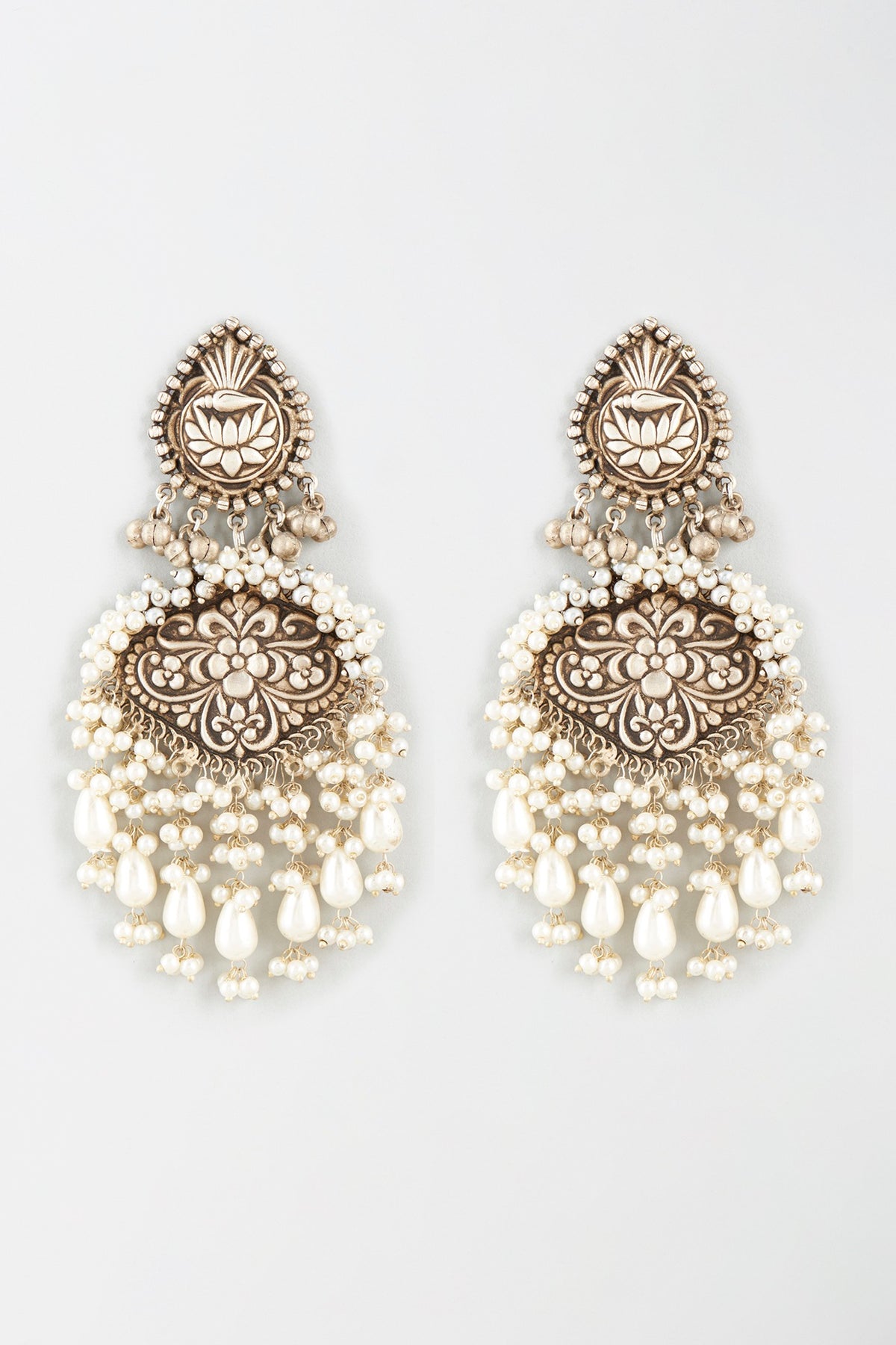 Oxidised Finish Kundan Polki & Pearl Dangler Earrings