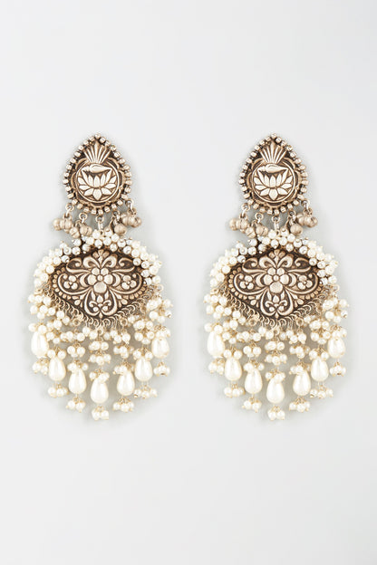 Oxidised Finish Kundan Polki & Pearl Dangler Earrings