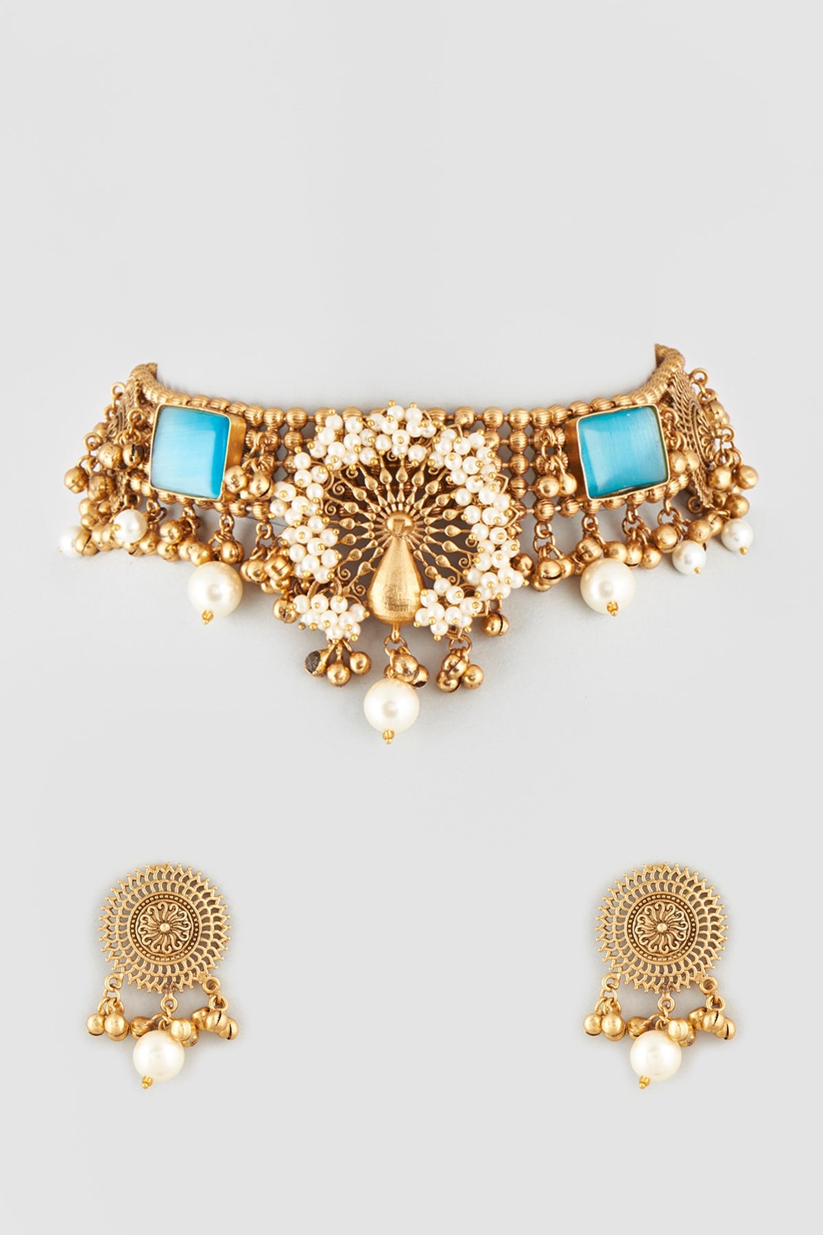 Oxidised Finish Blue Stone & Kundan Polki Choker Necklace Set