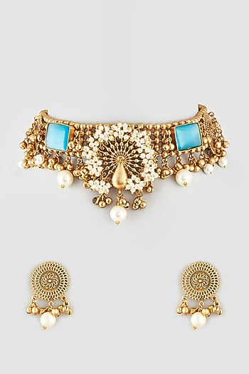 Oxidised Finish Blue Stone & Kundan Polki Choker Necklace Set