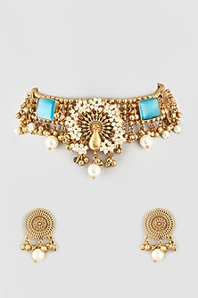 Oxidised Finish Blue Stone & Kundan Polki Choker Necklace Set