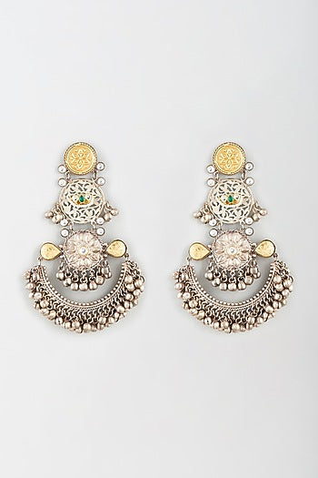 Oxidised Finish Kundan Polki & Pearl Chandbali Earrings