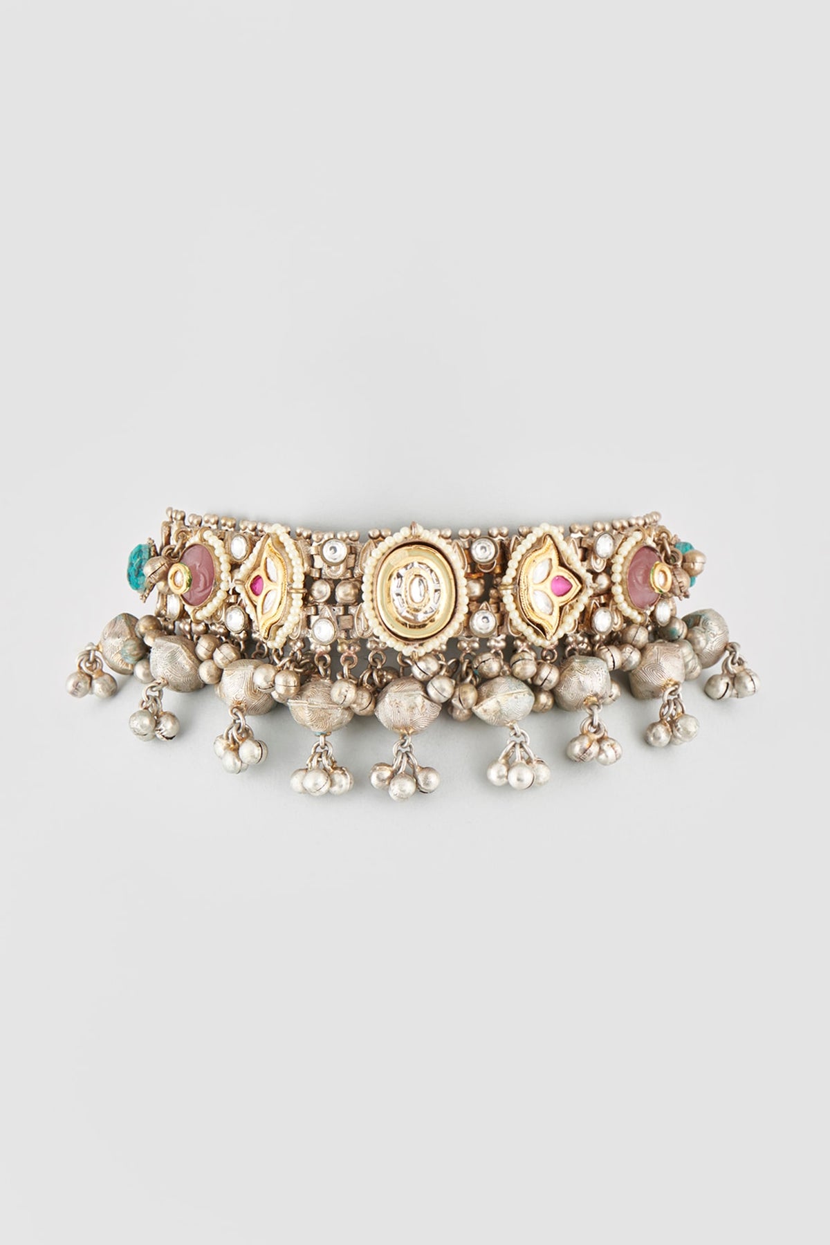 Oxidised Finish Multi-Colored Stone & Pearl Choker Necklace
