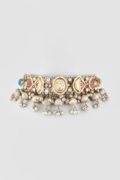 Oxidised Finish Multi-Colored Stone & Pearl Choker Necklace