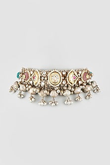 Oxidised Finish Multi-Colored Stone & Pearl Choker Necklace