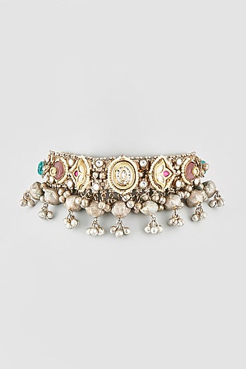 Oxidised Finish Multi-Colored Stone & Pearl Choker Necklace