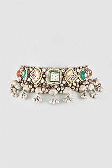 Oxidised Finish Kundan Polki & Multi-Colored Stone Choker Necklace
